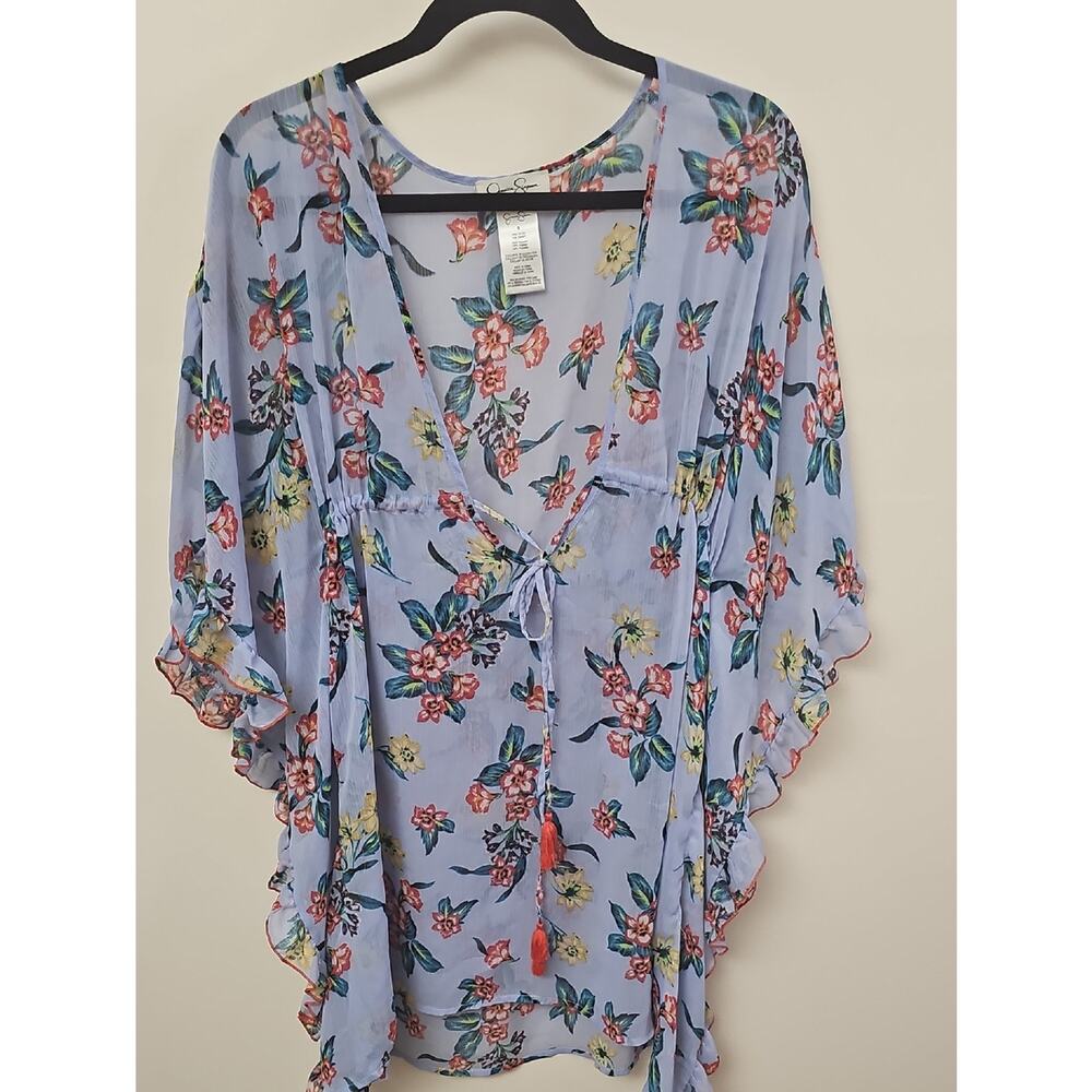 Jessica Simpson Pale Blue Floral Tie-Front Sheer Tunic Or Cover Up SZ S - Picture 2 of 7
